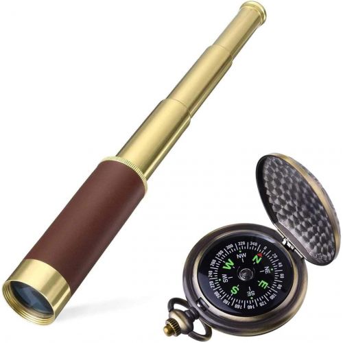  [아마존베스트]Aubric Retro Pirate Telescope Spyglass for Kids Adults Portable Collapsible Handheld Telescope Monocular Zoomable 25x30 & Survival Gear Compass Pocket Military Compass for Outdoor Camping