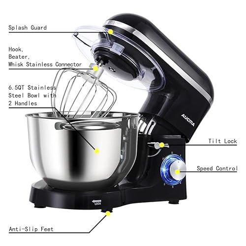  Aucma Stand Mixer,6.5-QT 660W 6-Speed Tilt-Head Food Mixer, Kitchen Electric Mixer with Dough Hook, Wire Whip & Beater (6.5QT, Black)