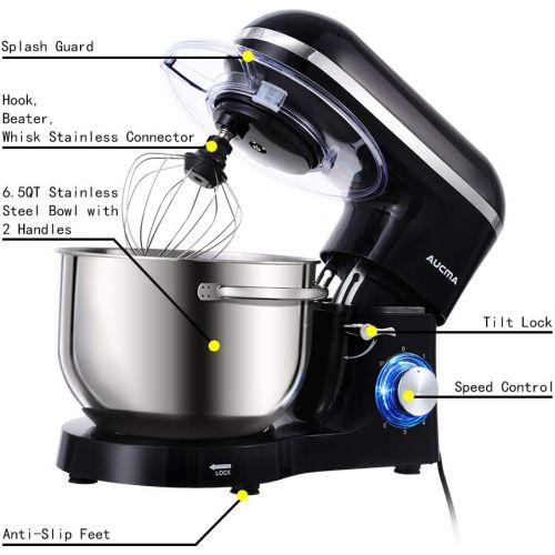  [아마존베스트]Aucma Stand Mixer,6.5-QT 660W 6-Speed Tilt-Head Food Mixer, Kitchen Electric Mixer with Dough Hook, Wire Whip & Beater (6.5QT, Black)