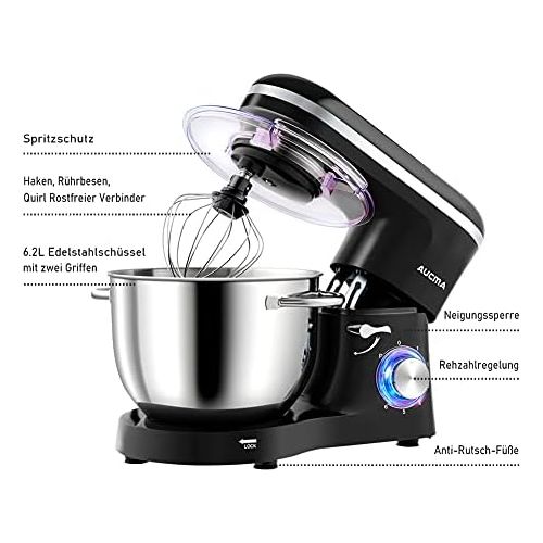  Aucma Food Processor, Dough Machine, 1400 W, 6.2 L, Reduced Noise Kneading Machine with Whisk, Dough Hook and Splash Guard, 6 Speeds with Stainless Steel Bowl,