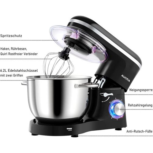  Aucma Food Processor, Dough Machine, 1400 W, 6.2 L, Reduced Noise Kneading Machine with Whisk, Dough Hook and Splash Guard, 6 Speeds with Stainless Steel Bowl,