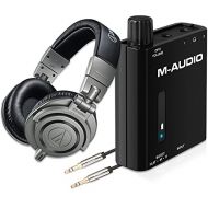 Audio-Technica Professional Studio Monitor Headphones, Gun Metal with Portable Powered Headphone Amplifier and Male to Male Stereo Audio Aux Cable - 2 Feet (0.6 Meters)