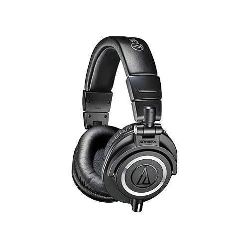 오디오테크니카 Audio-Technica ATH-M50x Professional Studio Monitor Headphones | Black Bundle with Full Sized Hard Body Headphone Case and Microfiber Cleaning Cloth (3 Items)