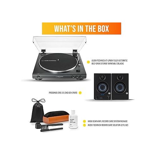 오디오테크니카 Audio-Technica AT-LP60X-BK Fully Automatic Belt-Drive Stereo Turntable Bundle with Eris 3.5 Monitors and Vinyl Cleaning Kit