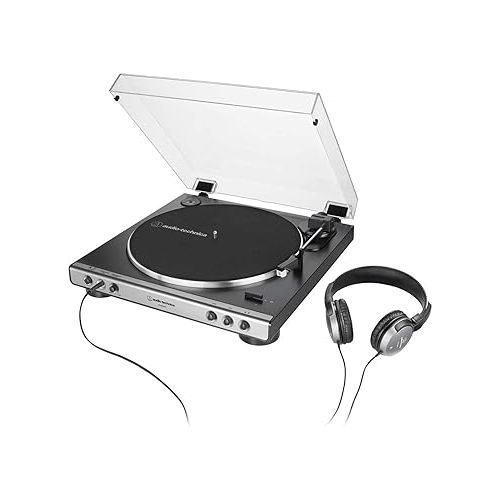 오디오테크니카 Audio-Technica AT-LP60XHP Fully Automatic Belt-Drive Turntable and Headphone Bundle, Gunmetal/Black, Hi-Fi, 2-Speed, With Intregrated 3.5 mm Headphone Jack & Volume Control