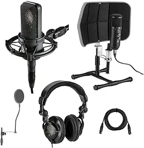 Audio-Technica AT4040 Side-Address Cardioid Condenser Microphone, 20 Hz - Bundle with Desktop Isolation Filter (Gray), Studio Monitor Headphones, 15' XLR M to XLR F Mic Cable, Pop Blocker