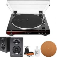 Audio-Technica AT-LP60X Turntable Brown and 3-Inch Powered Studio Monitors Pair (Black) Bundle (4 Items)