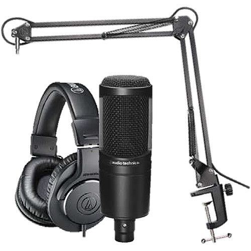 오디오테크니카 Audio-Technica AT2020 Studio Microphone Kit with Headphones, Boom, Cables, Pop Filter & XLR to USB Interface