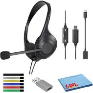 Audio-Technica ATH-102USB Dual-Ear USB Wired Headset with Mic Bundle with Wire Straps + USB 3.0 to Type-C Female Adapter and Accessories (Black)