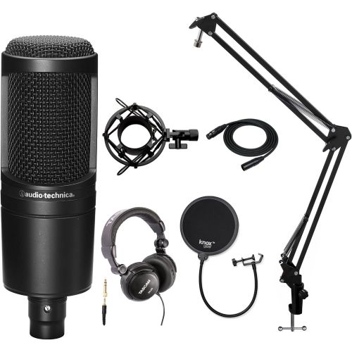 오디오테크니카 Audio-Technica AT2020 Condenser Studio Microphone with Studio Headphones, Knox Gear Pop Filter, Boom Arm, Shock Mount and XLR Cable
