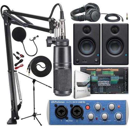 오디오테크니카 Audio Technica AT2020PK Studio Microphone with ATH-M20x, Boom - XLR Cable Streaming/Podcasting Pack and PreSonus AudioBox USB 96 Audio Interface with Eris 3.5 Pair Studio Monitors