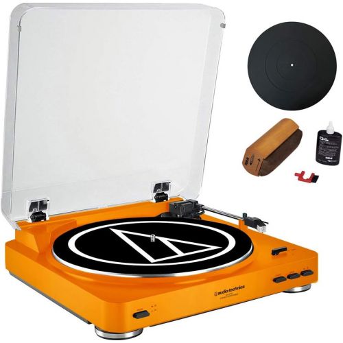 오디오테크니카 Audio-Technica Fully Automatic Stereo Turntable System Orange (AT-LP60OR) + Universal 12 Silicone Rubber Turntable Platter Mat & Vinyl Record Cleaning Fluid System with Brush