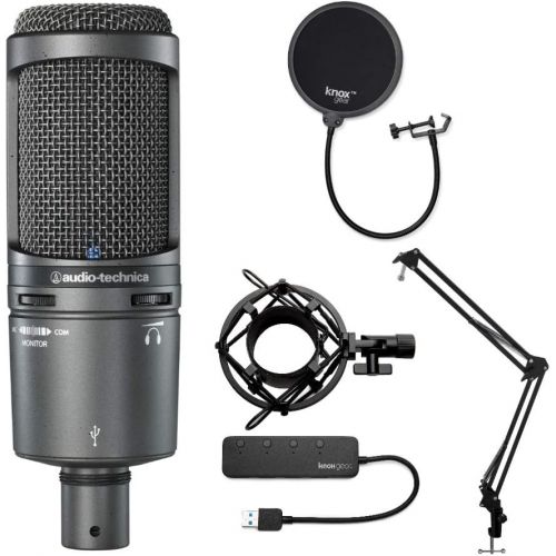 오디오테크니카 Audio-Technica AT2020USBPLUS USB Microphone Bundled with Knox Gear USB Hub, Boom Arm, Shock Mount and Pop Filter (5 Items)