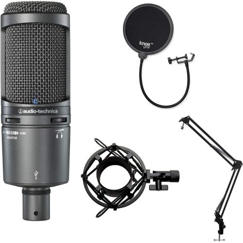 오디오테크니카 Audio-Technica AT2020USBPLUS Condenser Microphone with Knox Gear Shock Mount, Boom Scissor Arm, and Pop Filter
