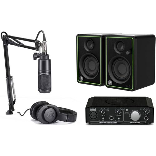오디오테크니카 Audio-Technica/Mackie Professional Home Studio Starter Kit - AT2020 Microphone, M20x Monitor Headphones with Mackie CR3-X Moniter Speakers and Mackie Onyx Artist Interface
