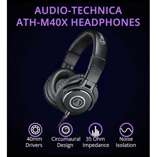 오디오테크니카 Audio-Technica ATH-M40x Professional Studio Monitor Headphones with Cutting Edge Engineering, 90 Degree Swiveling Earcups Bundle with Blucoil 4-Channel Headphone Amplifier and 6 3.