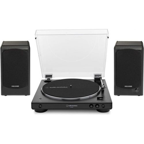 오디오테크니카 Audio-Technica AT-LP60XBT-BK Bluetooth Turntable (Black) Bundle with Microlab Pro1BT Bluetooth Bookshelf Speakers Pair (2 Items)