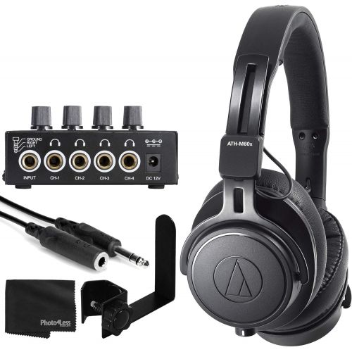 오디오테크니카 Audio-Technica ATH-M60x Closed-Back Monitor Headphones (Black) + On-Stage Pro Headphone Amplifier + On Stage MY570 Clamp-On Accessory Holder + Extension Cable