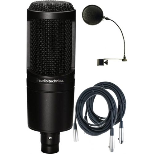 오디오테크니카 Audio-Technica AT2020 Cardioid Condenser Studio Microphone w/Pop Filter and (2) 20 Mic Cables