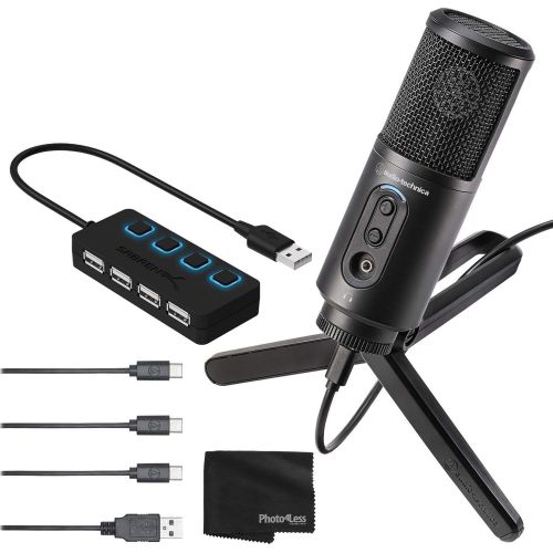 오디오테크니카 Audio-Technica ATR2500XUSB Cardioid Condenser USB Microphone + 4-Port USB 2.0 Hub with Individual LED Lit Power Switches - Deluxe Mic Bundle