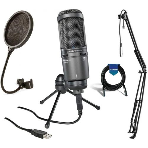 오디오테크니카 Audio Technica AT2020USB Plus Cardioid Large Diaphragm Condenser USB Mic with On-Stage MBS5000 Broadcast/Webcast Microphone Boom Arm with XLR Cable + Samson PS04 Mic Pop Filter + 2