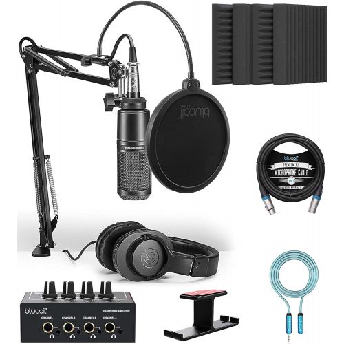 오디오테크니카 Audio-Technica AT2020PK Vocal Microphone Pack for Streaming/Podcasting Bundle with Blucoil 4x 12 Acoustic Wedges, Headphone Amp, Headphone Hook, 10 XLR Cable, Pop Filter and 6 3.5m
