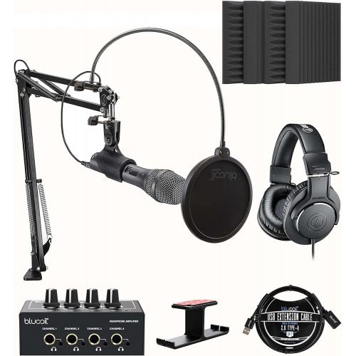 오디오테크니카 Audio-Technica AT2005USBPK Vocal Microphone Pack for Streaming/Podcasting Bundle with Blucoil 4x 12 Acoustic Wedges, Headphone Amp, 3 USB Extension Cable, Pop Filter, and Aluminum