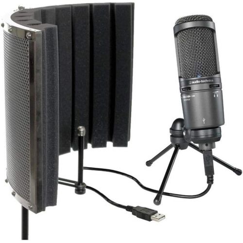 오디오테크니카 Audio-Technica AT2020USB+ Cardioid Condenser USB Microphone, Built-In Headphone Jack, Mac and Windows Compatible - Bundle With CAD Audio Acousti-Shield 22 Foldable Stand-Mounted Ac