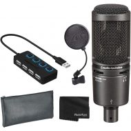 Audio-Technica AT2020USB+ Cardioid Condenser USB Microphone (Black) + Pop Filter + 4-Port USB 2.0 Hub with Individual LED Lit Power Switches + Cloth - Deluxe Mic Bundle