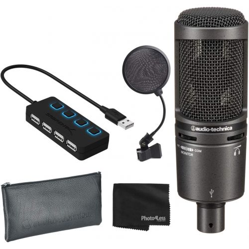 오디오테크니카 Audio-Technica AT2020USB+ Cardioid Condenser USB Microphone (Black) + Pop Filter + 4-Port USB 2.0 Hub with Individual LED Lit Power Switches + Cloth - Deluxe Mic Bundle