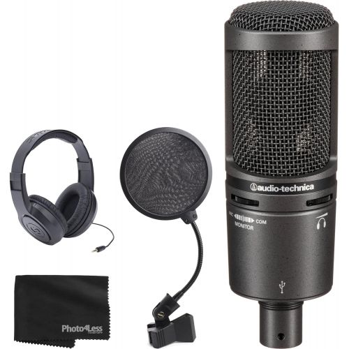 오디오테크니카 Audio-Technica AT2020USB+ Cardioid Condenser USB Microphone + Pop Filter + Samson Headphone & Clean Cloth