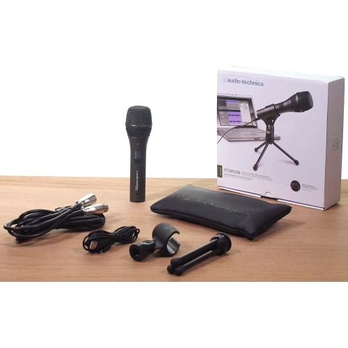 오디오테크니카 Audio-Technica AT2005USB Cardioid Dynamic USB/XLR Microphone for PA Systems, Windows & Mac Bundle with Blucoil 4X Acoustic Wedges, 10 XLR Cable, Boom Arm Plus Pop Filter, and Samso