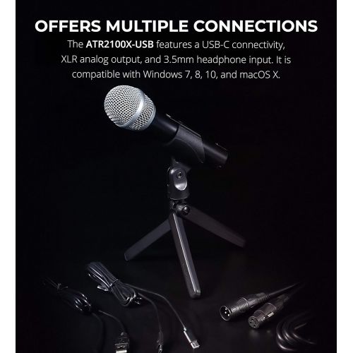 오디오테크니카 Audio-Technica ATR2100X-USB Cardioid Dynamic Microphone (ATR Series) for Windows and Mac Bundle with Blucoil Pop Filter Windscreen, 6 Dimmable Selfie Ring Light, and USB-A Mini Hub