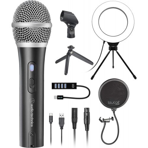 오디오테크니카 Audio-Technica ATR2100X-USB Cardioid Dynamic Microphone (ATR Series) for Windows and Mac Bundle with Blucoil Pop Filter Windscreen, 6 Dimmable Selfie Ring Light, and USB-A Mini Hub