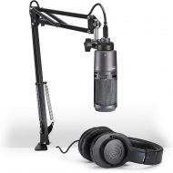 Audio-Technica AT2020USB+PK Vocal Microphone Pack for Streaming/Podcasting, Includes USB Mic w/Built-In Headphone Jack & Volume Control, Boom Arm, & Headphones