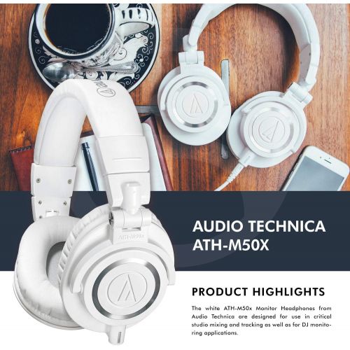오디오테크니카 Audio Technica ATH-M50X Monitor Headphones (White) Professional Kit, with Carrying Case, Fibertique Cleaning Cloth and 3 Cables ? For DJs, Studio Recording and Listening