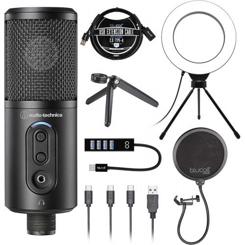 오디오테크니카 Audio-Technica ATR2500x-USB Cardioid Condenser Microphone (ATR Series) for Windows and Mac Bundle with Blucoil Pop Filter, 6 Dimmable Selfie Ring Light, USB-A Mini Hub, and 3 USB E