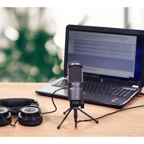 오디오테크니카 Audio-Technica AT2020USB+ Cardioid Condenser USB Microphone with Built-In Headphone Jack & Volume Control Bundle with Blucoil Pop Filter, Portable Headphone Amp and Hook, and Samso