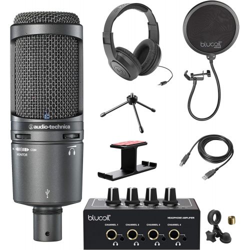 오디오테크니카 Audio-Technica AT2020USB+ Cardioid Condenser USB Microphone with Built-In Headphone Jack & Volume Control Bundle with Blucoil Pop Filter, Portable Headphone Amp and Hook, and Samso