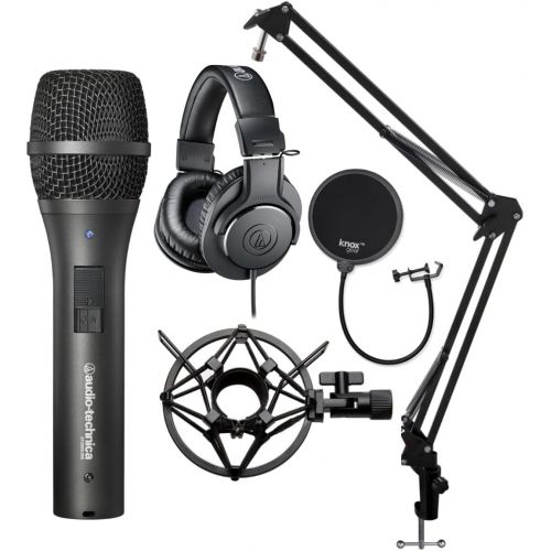 오디오테크니카 Audio-Technica AT2005 USB Cardioid Dynamic Microphone with Audio Technica ATH-M20X Headphones, Knox Gear Studio Stand Shock Mount and Pop Filter Bundle (4 Items)