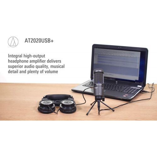 오디오테크니카 Audio-Technica AT2020USB+PK Streaming/Podcasting Pack Bundle with Blucoil Headphone Amp, 6 3.5mm Extension Cable, Pop Filter, USB-A Mini Hub, 3 USB Extension Cable, and Aluminum He