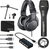 Audio-Technica AT2005USB Cardioid Dynamic USB/XLR Microphone and ATH-M20x Headphones + 4-Port USB 2.0 Hub with Individual LED Lit Power Switches + Mic Cable XLR-M to XLR-F + Cloth