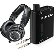 Audio-Technica ATH-M50x Professional Studio Monitor Headphones, Black with Portable Powered Headphone Amplifier and Male to Male Stereo Audio Aux Cable - 2 Feet (0.6 Meters)