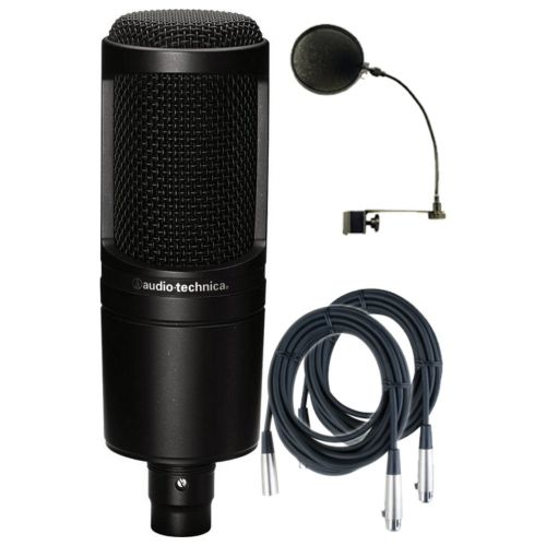 오디오테크니카 Audio-Technica AT2020 Cardioid Condenser Studio Microphone wPop Filter and (2) 20 Mic Cables