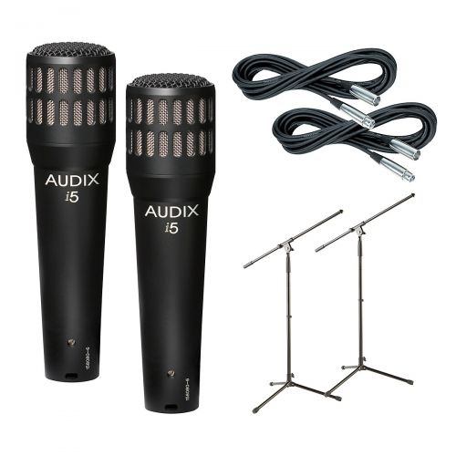  Audix},description:Includes 2 Audix i5 dynamic mics, 2 Gear One 20 mic cables, and 2 Musicians Gear MS-220 tripod mic stands with fixed boom. Audix i5:The cardioid pattern Audix i5