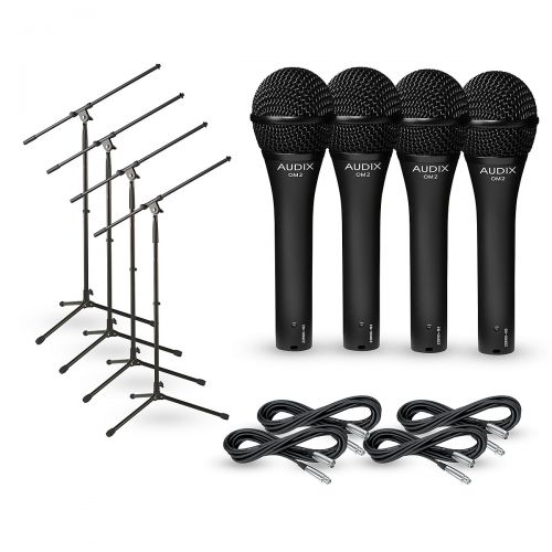  Audix},description:Includes 4 Audix OM2 handheld dynamic mics, 4 Gear One 20 mic cables, and 4 Musicians Gear MS-220 tripod mic stands with fixed boom. Audix OM2:The American-made