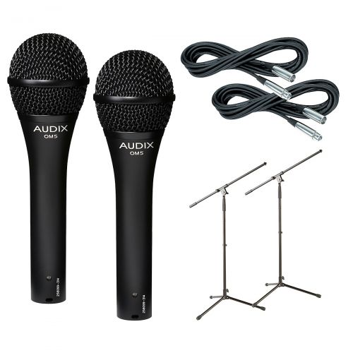  Audix},description:Includes 2 Audix OM5 handheld dynamic mics, 2 Gear One 20 mic cables, and 2 Musicians Gear MS-220 tripod mic stands with fixed boom. Audix OM5:The Audix OM5 dyna