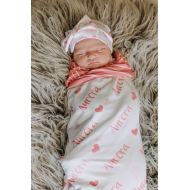 AudreysBear Personalized Swaddle Blanket - Two-color Heart Design  Baby Name Blanket / Hat / Headband / Customized Blanket Set