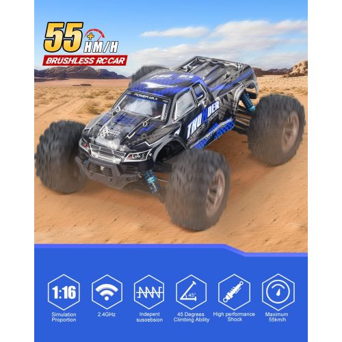  Aufitker Brushless RC Cars for Adults 55+KM/H 1:16 High Speed Remote Control Car 4WD Rc Trucks for Boys 2.4GHz Off Road Monster Truck with Extra Shell,2 Battery,All Terrain Electric Toy,Gif