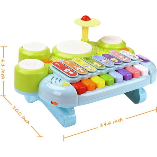  [아마존베스트]AugToy 3 in 1 Toddler Drum Set Piano Keyboard Xylophone Toys Montessori Musical Instrument Learning Developmental Light Up Toys for Kids Baby Infant Boys Girls Age 1 2 3 Years Old 12 18 M